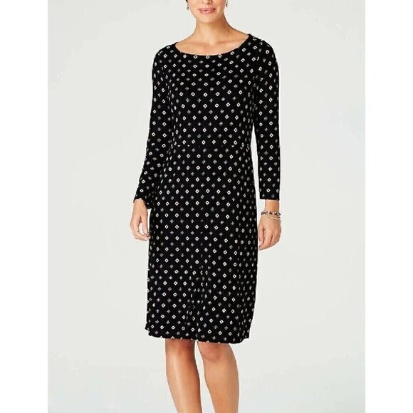 J. Jill Geometric Print Jersey Knit Shirt Dress Pockets Large Black Red - Picture 4 of 6